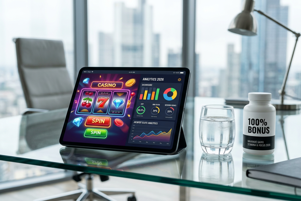 A digital tablet showing casino bonus statistics next to a minimalist supplement bottle on a clean desk.