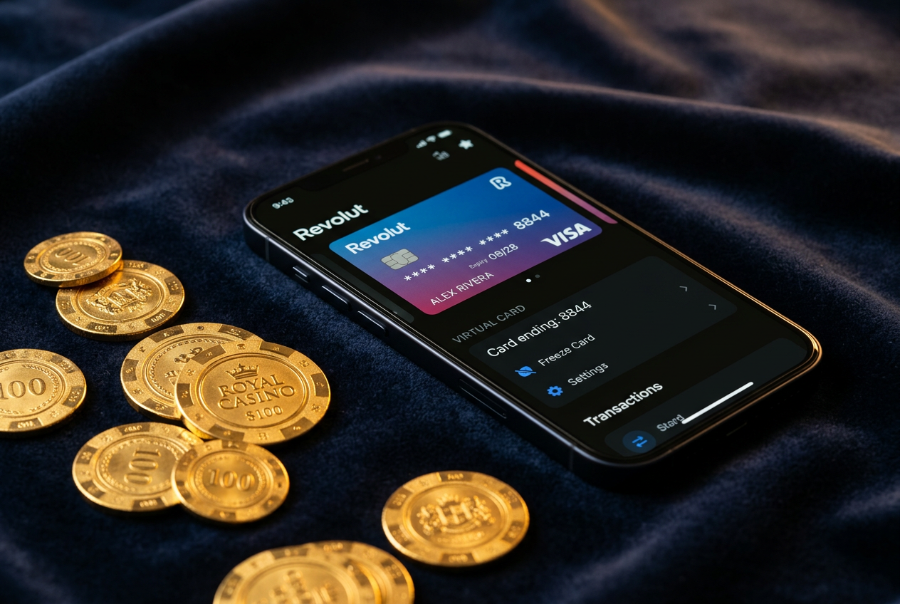 Smartfon z aplikacją Revolut obok żetonów kasynowych na eleganckim tle.
