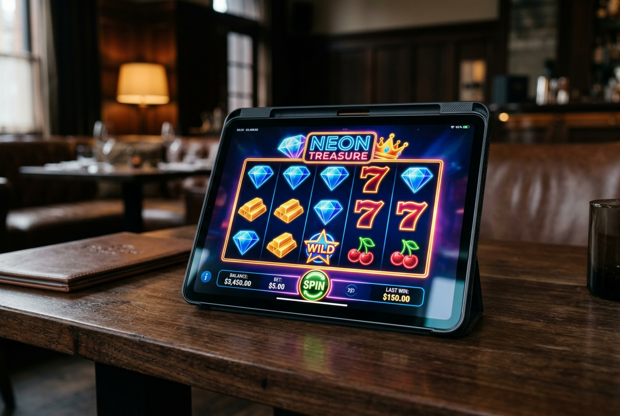 A high-end tablet showing a colorful slot game interface.